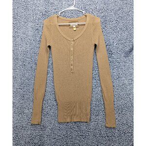 Bella Swan Y2K American Eagle V Neck Fitted Top Size M Ribbed Long Sleeve Tan